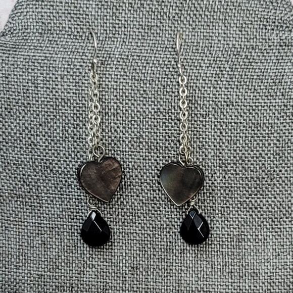 Abalone Heart Earrings Shell Silvertone Dangle Double Chain Black Teardrop Beads - Picture 2 of 5